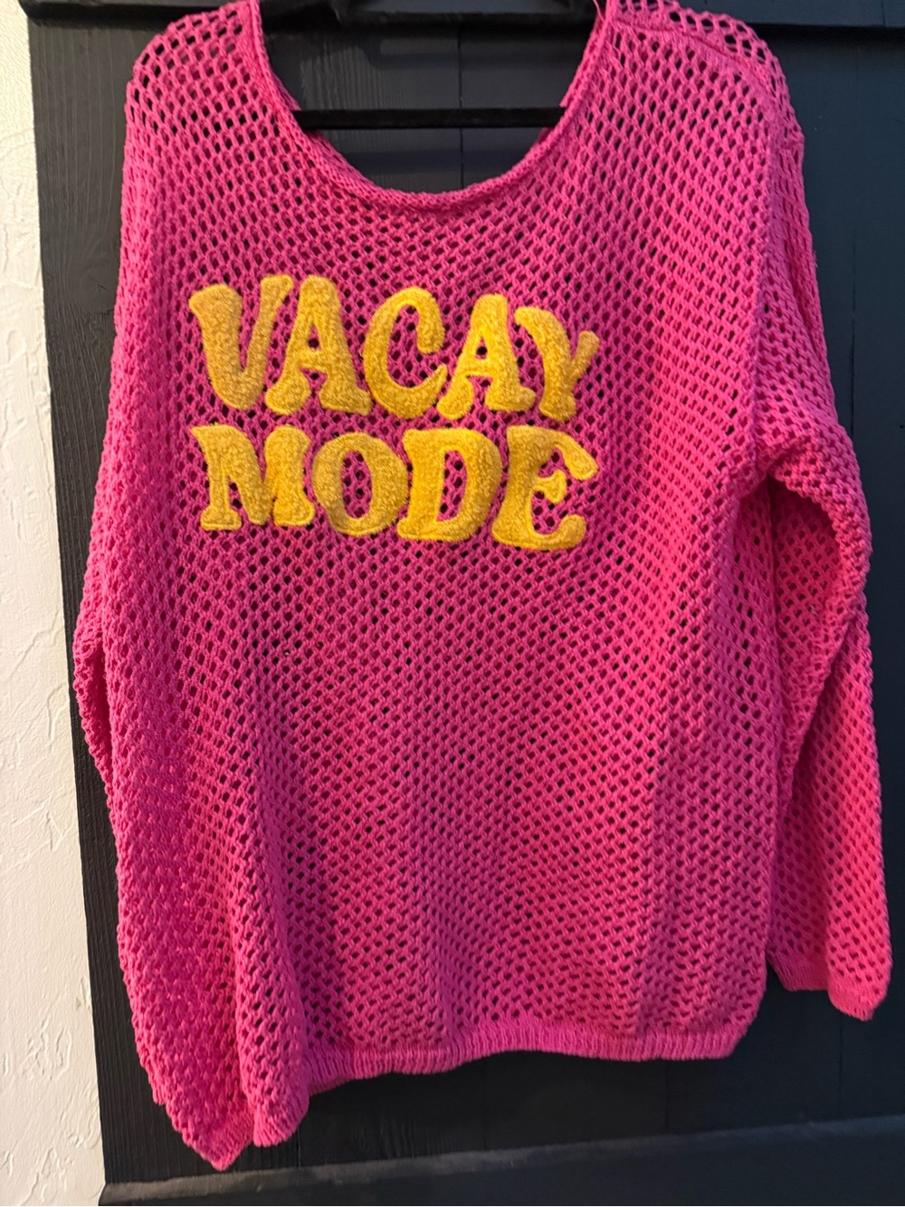 BiBi Pink Open-Knit Sweater with Yellow VACAY MODE Appliqué